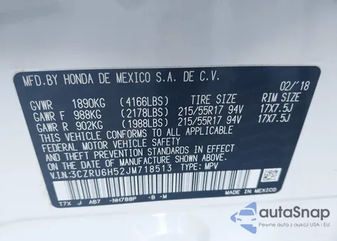 2018 Honda Hr-V Ex из США, поврежденный, VIN 3CZRU6H52JM718513